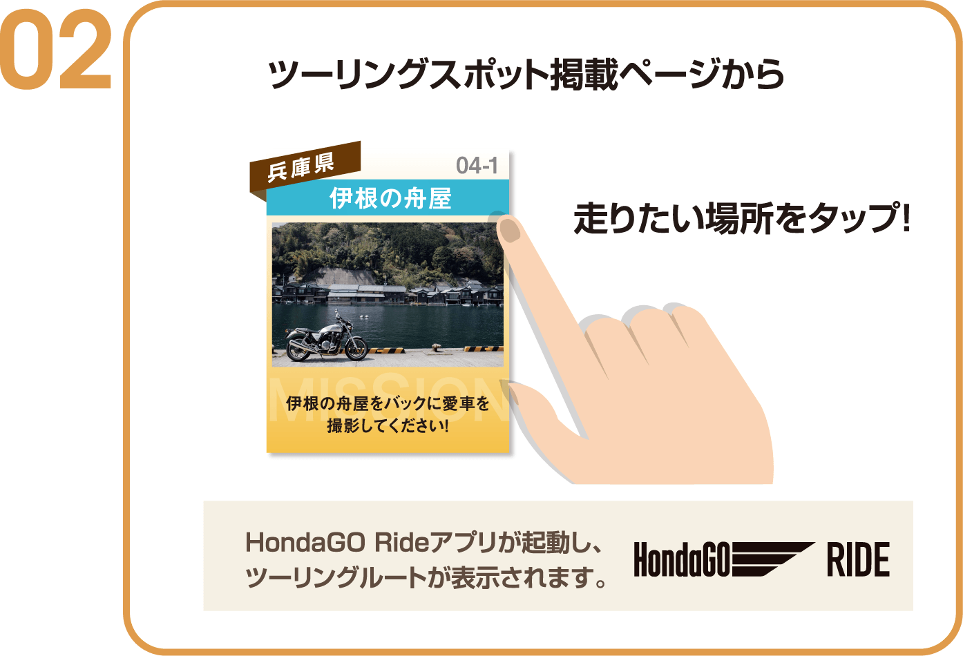 ミッション掲載ページから走りたい、撮りたい
ミッションをタップ！HondaGO Rideアプリが起動し、
ツーリングルートが表示されます。